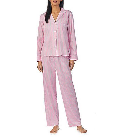 Lauren Ralph Lauren Sateen Striped Long Sleeve Notch Collar Long Pant Pajama Set
