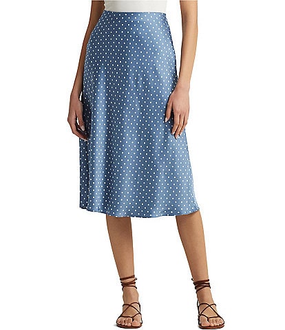 Lauren Ralph Lauren Satin Charmeuse Polka-Dot Print Pull-On A-Line Coordinating Skirt