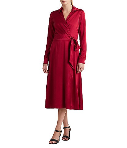 Lauren Ralph Lauren Satin Point Collar Side Sash Long Sleeve Faux Wrap Midi Dress