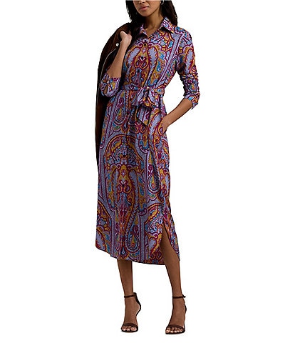 Lauren Ralph Lauren Shadny Crepe de Chine Paisley Belted Button-Front Shirt Dress