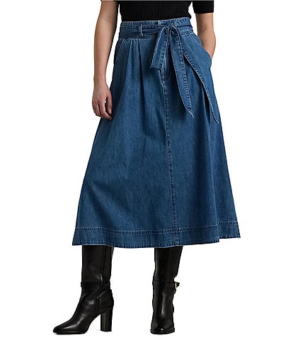 Lauren Ralph Lauren Shirlaine Denim Pleated Belted Midi Skirt