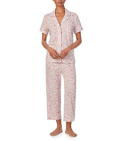 Lauren Ralph Lauren Short Sleeve Notch Collar Cropped Floral Jersey Knit Pajama Set