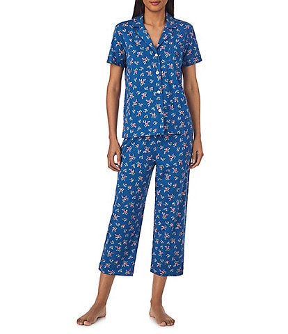 Lauren Ralph Lauren Short Sleeve Notch Collar Jersey Knit Capri Pant Ditsy Floral Pajama Set