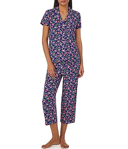 Lauren Ralph Lauren Short Sleeve Notch Collar Jersey Knit Multi Floral Cropped Pant Pajama Set