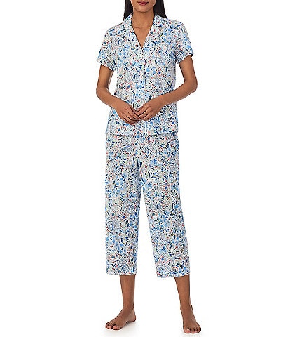 Lauren Ralph Lauren Short Sleeve Notch Collar Woven Floral Cropped Pant Pajama Set
