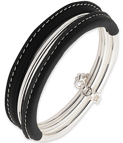 Lauren Ralph Lauren Silver Tone Black Leather Bangle Bracelet Set