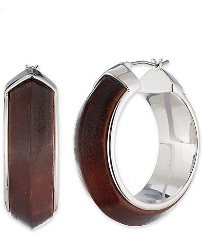 Lauren Ralph Lauren Silver Tone Brown Wood Hoop Earrings