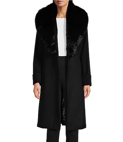 Lauren Ralph Lauren Single Breasted Removable Faux Fur Collar Belted Wool Coat