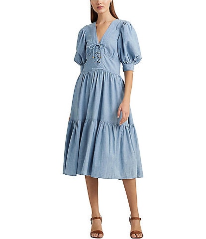 Lauren Ralph Lauren Soft Cotton Deep V-Neck Elbow Puff Sleeve Fit & Flare Tiered Chambray Midi Dress