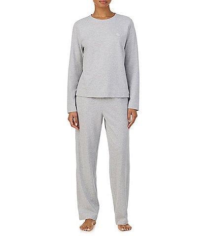 Lauren Ralph Lauren Solid Long Sleeve Crew Neck Herringbone Knit Cotton Pant Pajama Set