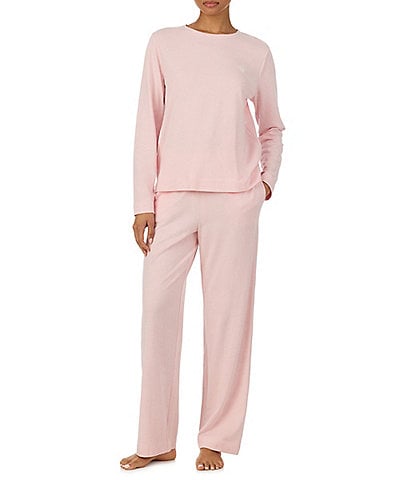 Lauren Ralph Lauren Solid Long Sleeve Crew Neck Herringbone Knit Cotton Pant Pajama Set