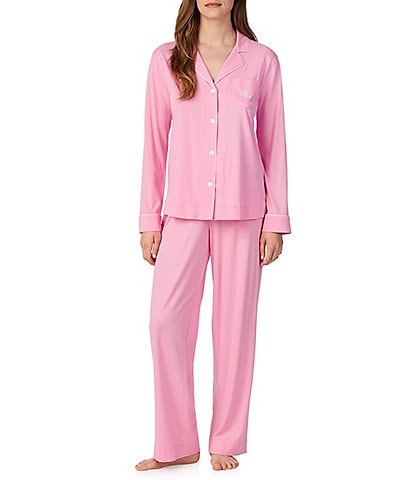 Lauren Ralph Lauren Solid Long Sleeve Notch Collar Long Jersey Knit Pajama Set