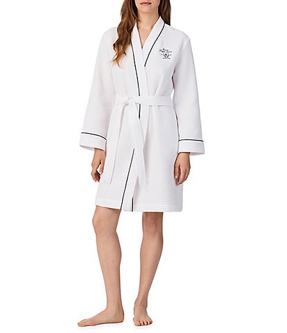 Lauren Ralph Lauren Solid Long Sleeve Shawl Collar Kimono Waffle Terry Knit Short Robe