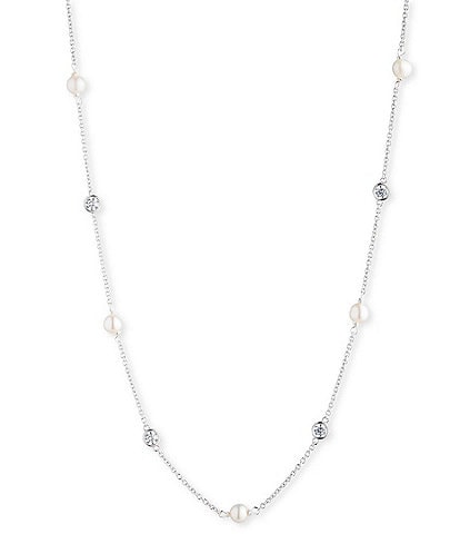 Lauren Ralph Lauren Sterling Silver Cubic Zirconia Freshwater Pearl Station Collar Necklace