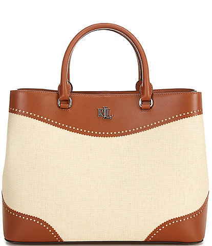 Lauren Ralph Lauren Marcy Straw Leather Contrast Trim Large Satchel Bag