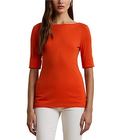 Lauren Ralph Lauren Stretch Cotton Boat Neck Cuffed Elbow Sleeve Top