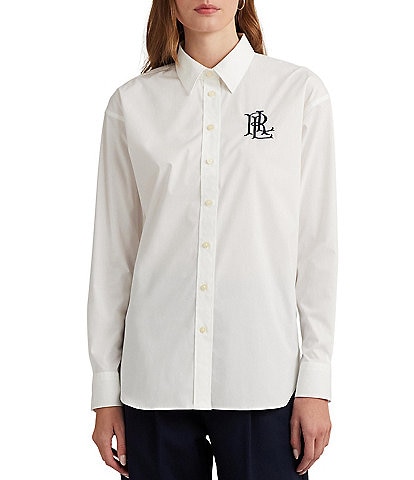 Lauren Ralph Lauren Stretch Cotton Point Collar Long Sleeve Embroidered Logo Shirt