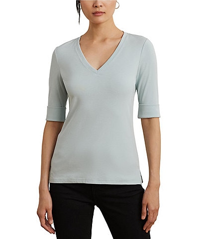 Lauren Ralph Lauren Stretch Cotton V-Neck Elbow Length Sleeve T-Shirt