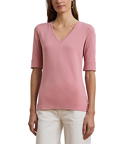 Ralph Lauren Womens V Neck T Shirt Short Sleeves Knitted 100