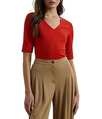 Lauren Ralph Lauren Stretch Cotton V-Neck Elbow Sleeve Fitted Tee