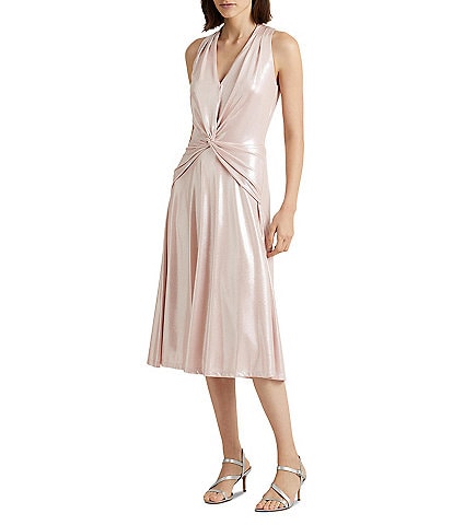 Lauren Ralph Lauren Stretch Foiled V-Neck Sleeveless A-Line Midi Dress