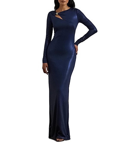 Lauren Ralph Lauren Stretch Jersey Asymmetrical Neck Long Sleeve Cutout Column Gown