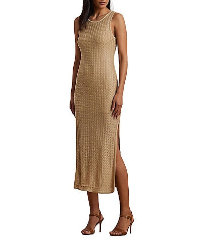 Lauren Ralph Lauren Stretch Knit Crew Neck Sleeveless Side Slit Midi Dress