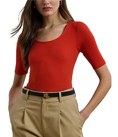 Lauren Ralph Lauren Cotton Blend Rib-Knit Scoop Neck Elbow Sleeve Tee