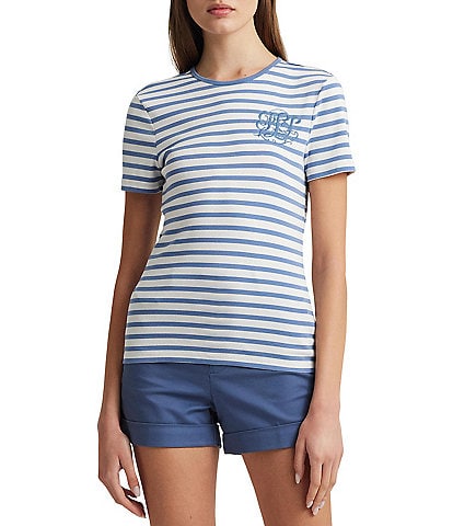 Lauren Ralph Lauren Stretch Stripe Embroidered Chest Crew Neck Short Sleeve Tee Shirt