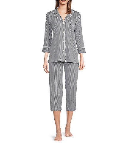 Lauren Ralph Lauren Stripe Print Jersey Knit Notch Collar 3/4 Sleeve Capri Pajama Set