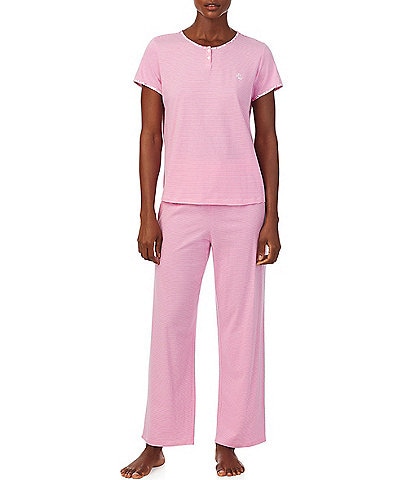 Lauren Ralph Lauren Stripe Print Short Sleeve Button Crew Neck Ankle Pant Pajama Set