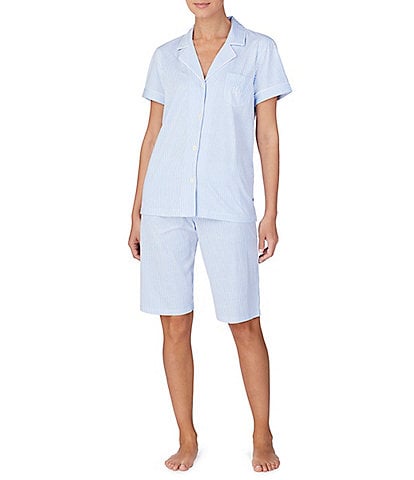 Lauren Ralph Lauren Stripe Print Short Sleeve Notch Collar Cotton Knit Bermuda Pajama Set