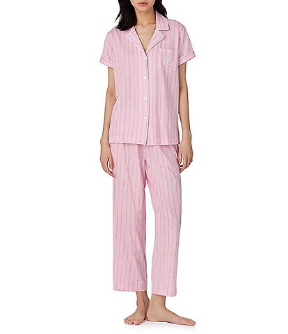 Lauren Ralph Lauren Stripe Print Short Sleeve Notch Collar Knit Cropped Pajama Set