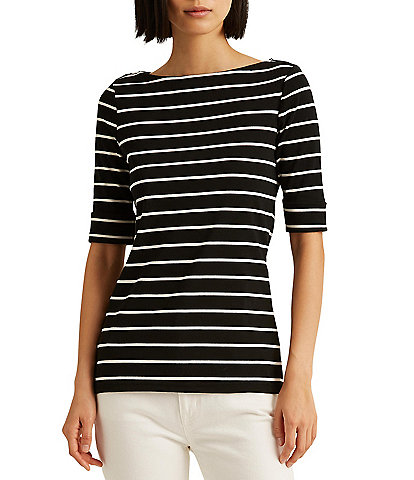 Lauren Ralph Lauren Stripe Stretch Boat Neck Short Sleeve Shirt