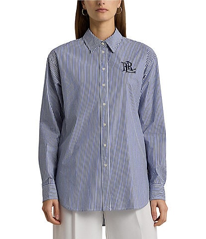 Lauren Ralph Lauren Stripe Stretch Cotton Point Collar Long Sleeve Embroidered Logo Shirt