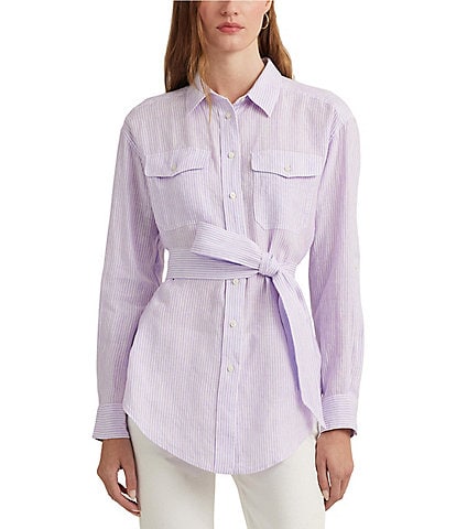 Lauren Ralph Lauren Striped Belted Point Collar Long Sleeve Button Down Shirt