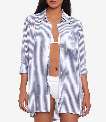 Lauren Ralph Lauren Striped Point Collar Long Cuff Sleeve Camp Swim Cover Up Shirt