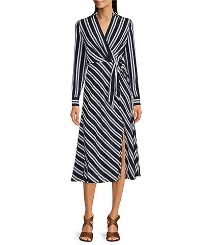 Lauren Ralph Lauren Striped Print Tie Front Faux Wrap V-Neck Long Sleeve Midi Dress