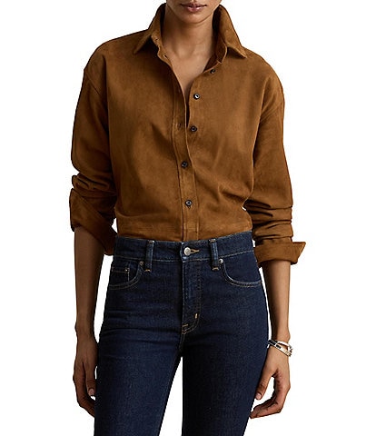Lauren Ralph Lauren Suede Point Collar Long Sleeve Button Down Shirt