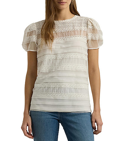 Lauren Ralph Lauren Tasarla Mesh Puff Short Sleeve Blouse