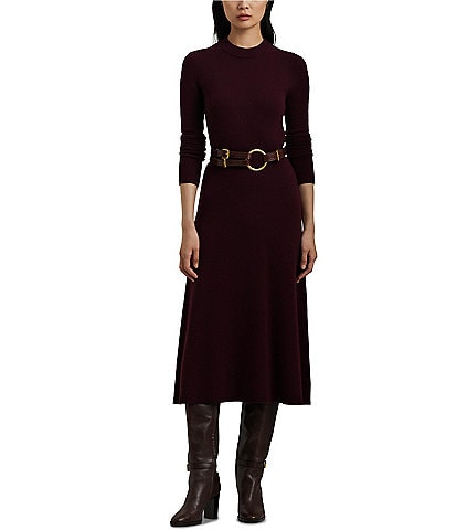 Lauren Ralph Lauren Thomisha Ribbed Knit Wool Blend Crew Neck Long Sleeve Dress