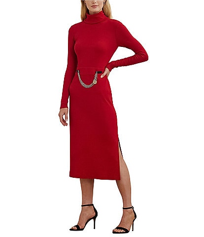 Lauren Ralph Lauren Turtleneck Chain Belt Trim Long Sleeve Knit Midi Dress