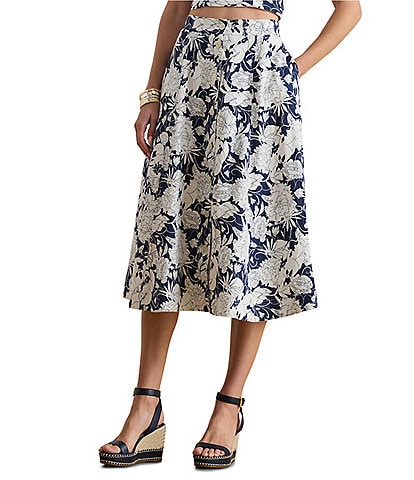 Lauren Ralph Lauren Two-Tone Floral Print Button Front Coordinating Linen Midi Skirt