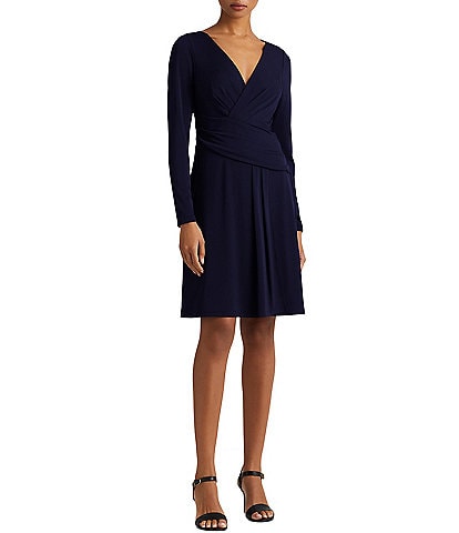 Lauren Ralph Lauren V-Neck Long Sleeve Pleated Bodice Jersey A-Line Dress