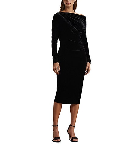 Lauren Ralph Lauren Velvet One Shoulder Long Sleeve Midi Dress