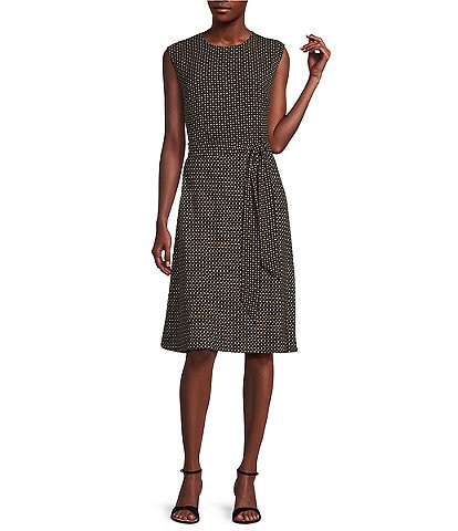 Lauren Ralph Lauren Vilodie Geometric Crepe Crew Neck Cap Sleeves Belted A-Line Dress