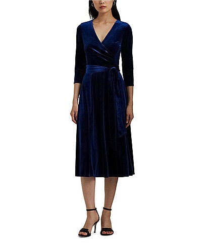 Lauren Ralph Lauren Vneck 3/4 Sleeve Stretch Velvet Faux Wrap Midi Dress