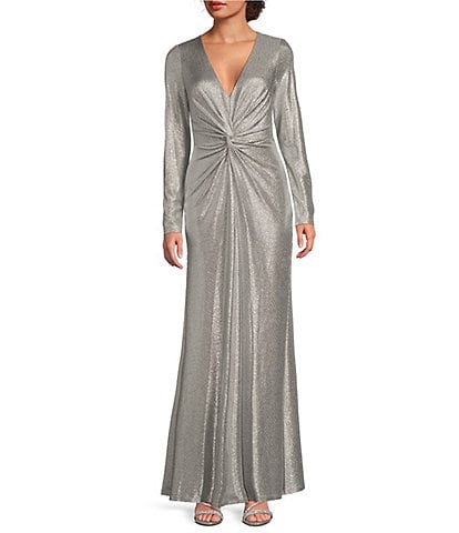 Lauren Ralph Lauren Vneck Twist Front Long Sleeve Metallic A-line Gown