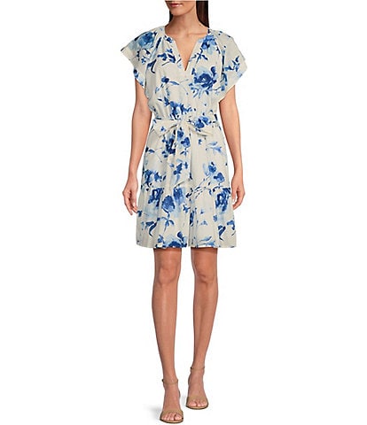 Lauren Ralph Lauren Voile Floral Print Split V-Neck Flutter Short Sleeve Belted Dress