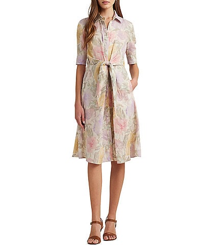 Lauren Ralph Lauren Wakana Floral Tie Front Linen Shirt Dress